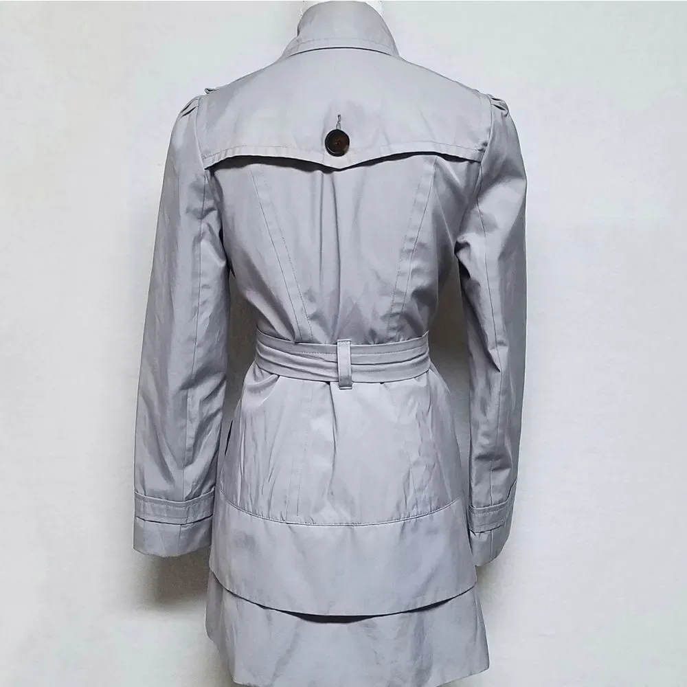 BLACK Rivet Dove Gray Belted Layered  Puff Shoulder Trench Coat Over Coat Small